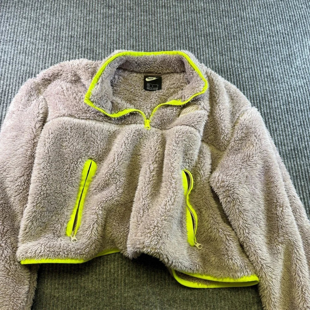 Nike Sportswear Sherpa Fleece Half Zip Pullover Womens Medium Beige Neon